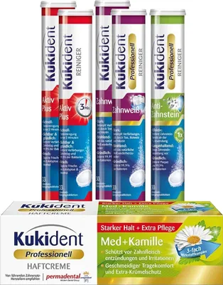 Produktbild von Kukident Set: Anti-Zahnstein 1x30 Tabs, Zahnweiß 2x30 Tabs, Aktiv Plus 2x33 Tabs, Haftcreme Med + Kamille 1x40g