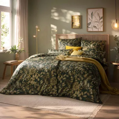 Produktbild von Estella Schweizer Premium Satin Bettwäsche 135x200 Yara tanne Blätter grün beige 2187-580