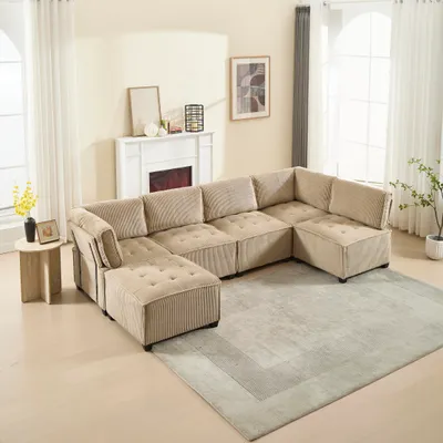 Obrázek produktu pro okwish Velká pohovka z manšestru, Modulární rohová pohovka s úložnými kapsami, Loungesofa Chaiselongue s dřevěnou a kovovou konstrukcí, khaki