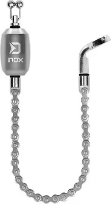 A silver fishing bite alarm with a chain is shown against a white background.