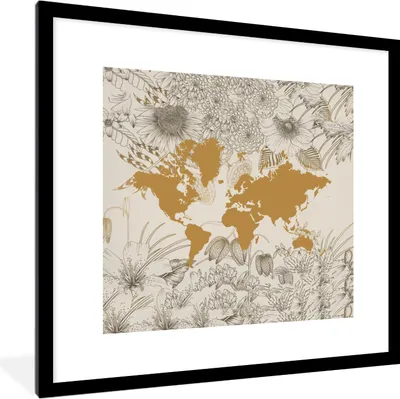 Produktbild von MuchoWow® MuchoWow® Gerahmtes Poster Weltkarte - Blume - Gold 40x40 cm - Poster mit zchwarzem Bilderrahmen - Poster - Plakat im Rahmen