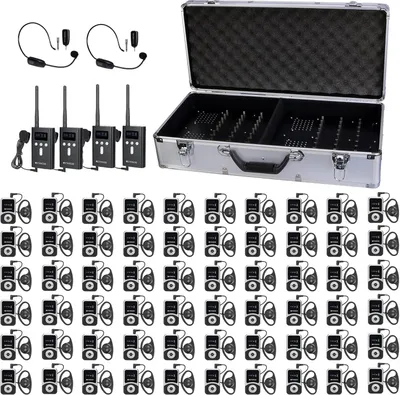 A collection of Retekess T130S tour guide system components, including transmitters, receivers, and a charging case, laid out on a white background.