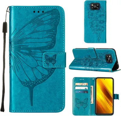 Obrázek produktu pro Xiaomi Poco X3 NFC Pouzdro, Motýlí Reliéf Flip Kožené Pouzdro s Kapsami na Karty a Stojánkem pro Xiaomi Poco X3 NFC / X3 / X3 Pro modré