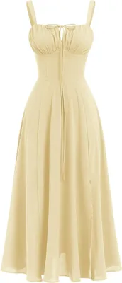 Produktbild von ASKSA Damen Sommer y aermellos Spaghettitraeger Boho Blumen Lang Kleid mit Schlitz (Hellgelb,XL)