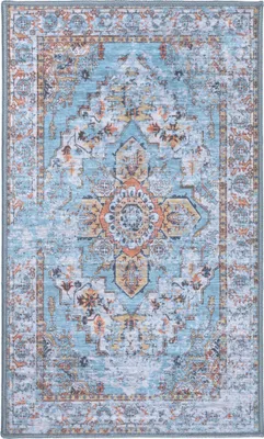 Produktbild von Teppich Wohnzimmer Schlafzimmer - 60x100 cm - Kurzflor - Waschbar - Anti-Rutsch Rückseite - Blaue Läufer