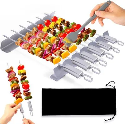 Productafbeelding van Unyqoos® RVS-grillspies-set – 6 spiezen (L 16,14 inch) + 2 spiezenhouders (30 x 3,5 x 4,5 cm), grillborstel en draagtas, vaatwasmachinebestendig
