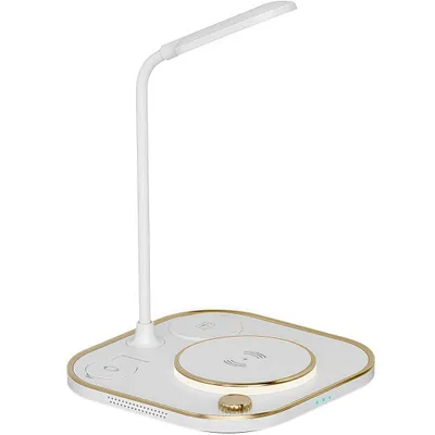 Produktbild von 4-in-1 Schreibtischlampe für kabelloses Aufladen von Handy, Uhr und Kopfhörern, stufenlos dimmbare Tischlampe, Ambientelicht