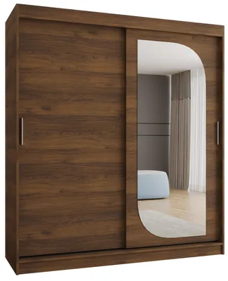 Produktbild von MEBLE KRYSPOL LUCY 180 Kleiderschrank mit zwei Schiebetüren für Schlafzimmer - moderner Aufbewahrungsschrank mit Kleiderstange und Regalen - 180x200x62cm - Nussbaum Warmia, Griff: Silber