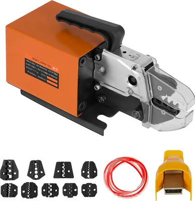 A pneumatic crimping tool and its accessories are displayed against a white background.