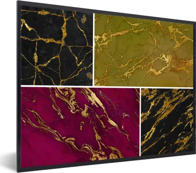 Produktbild von MuchoWow® Gerahmtes Poster Marmor - Gold - Collage 80x60 cm - Poster mit Schwarzem Bilderrahmen Wandposter Rahmen Foto Bilder - Schwarzem - Mit Gestell