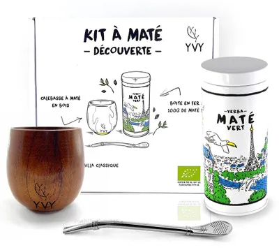 Imagen del producto de YVY MATÉ – Set completo de mate – Calabaza de madera + bombilla + yerba mate orgánica Grand Cru 100 g – Set de regalo para principiantes