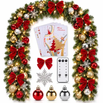 Produktbild von Weihnachtsgirlande ONBEST 5 m mit LED-Lichterkette – 100 warmweiße LEDs, Fernbedienung, Timer, 7 Lichtmodi, IP44, inkl. 36 Kugeln, Schleifen und Eiskristallen