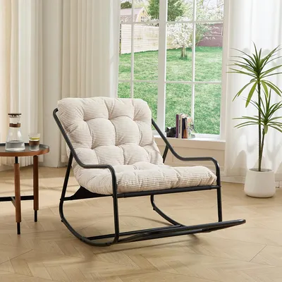 Produktbild von Schaukelstuhl mit Bequemes Kissen Relaxsessel Freizeitstuhl für Wohnzimmer Schlafzimmer Lesezimmer Weiß