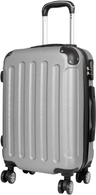 A silver suitcase with black accents and wheels, shown from a front-diagonal angle against a white background.