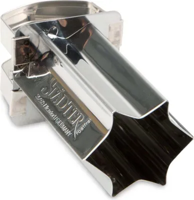 A close-up studio shot of a metal cookie cutter.