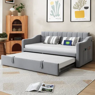 Obrázek produktu pro MODFU Rozkládací postel 90x190, denní postel bez matrace s výsuvným lůžkem a USB nabíjecími porty, 2v1 daybed s úložnou kapsou, světle šedá