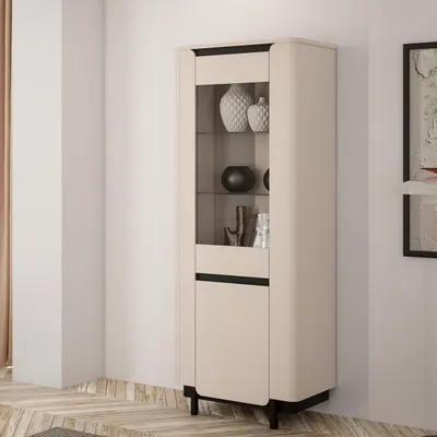 Produktbild von Forte VODOL Vitrinenschrank 70 80, moderne Vitrine mit Glastür und abgerundetem Eckendesign, Holzwerkstoff, Kaschmir|Beige , 75,6 cm breit x 196,3 cm hoch x 44,8 cm tief