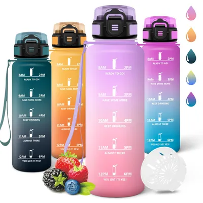 Imagen del producto de Botella de agua, 1500 ml, sin BPA, diseño de cierre a prueba de fugas, botella para el gimnasio, botella con marcas de tiempo, botella deportiva para camping