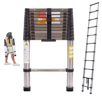 Image de Échelle télescopique - Échelle multifonctionnelle - Acier inoxydable - 3,8 m - Capacité de charge : 150 kg - e EN131 - Compacte et transportable