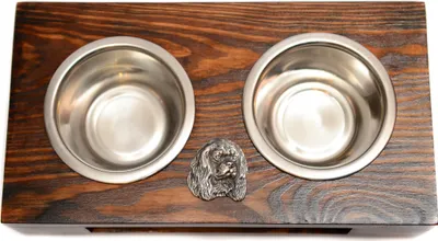 Immagine prodotto di Cavalier King Charles Spaniel - Supporto in legno con ciotole per cani, ciotole in acciaio inossidabile, regalo per l'adozione di un cane del marchio Art-Dog