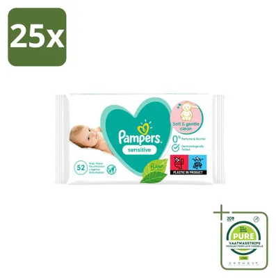 Productafbeelding van 25 pakken Pampers Sensitive babydoekjes - 52 stuks per pak - grootverpakking - 25 stuks per pak