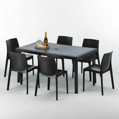 Produktbild von Poly Rattan Tisch Rechteckig mit 6 Bunten Polyrattan Stühlen 150x90 Schwarz