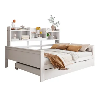Produktbild von Ausziehbares Schlafsofa 140*200CM Massivholz, Ausziehbett 90*190CM, mit Staufach und Lattenrost, Kiefer Multifunktionsbett, Weiß