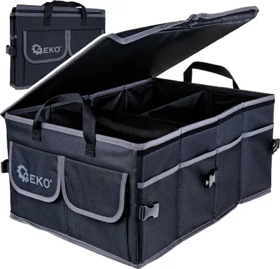 Produktbild von GEKO | Kofferraum Organizer, Kofferraumtasche, Zusammenklappbarer Auto Organizer Kofferraum mit Fächern, Rutschfester Boden, Verstellbare Sicherungsriemen, Klappbarer Deckel