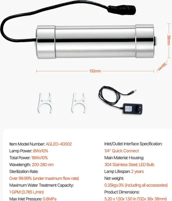 Immagine prodotto di Depuratore d'acqua, sistema UV, struttura in acciaio inox, 8W 1GPM