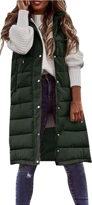 Produktbild von Lange Pufferweste für Damen, Kapuze, Leder, ärmellos, Reißverschluss, gepolsterte Mäntel, Jacke mit Taschen