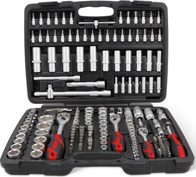 Produktbild von STIER Steckschlüssel Satz, 179-teilig, 1/2 Zoll 1/4 Zoll & 3/8 Zoll Umschaltknarre, Sechskant-Steckschlüsseleinsatz, Torx- Schlitz- Phillips- Pozidrive- Bit-Steckschlüsseleinsätze