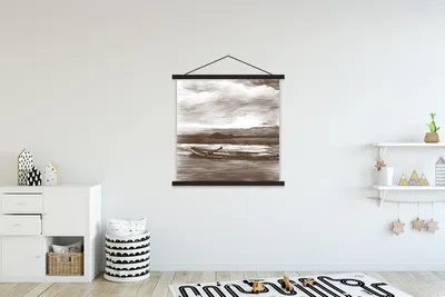 Produktbild von MuchoWow® Textilposter Boot - Meer - Schwarz - Weiß 90x90 cm mit schwarzem Rahmen - Magnetisches