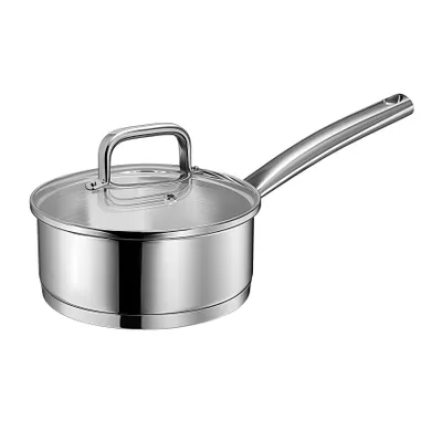 Produktbild von Linnuo Stielkasserolle mit Glasdeckel 16cm, Kochtopf klein 1,2l, aus 18/10 Edelstahl, Griff nicht heiß, kleiner Topf Induktion, geschmiedeter Boden