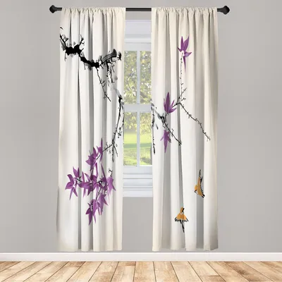 Produktbild von ABAKUHAUS Japanisch Vorhänge 2 Panel Set für Wohnzimmer Schlafzimmer Nachbildung, Kirschblüten Kirschblüte Baum Zweig Romantischer Frühling Themed Aquarell Bild, 150 cm x 245 cm, Pale Lila