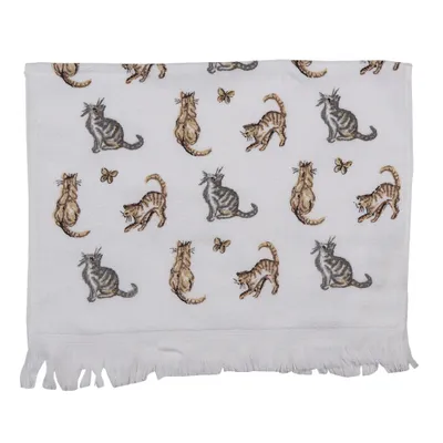Produktbild von Clayre & Eef Gästehandtuch 40x66 cm Weiß Grau Baumwolle Katzen