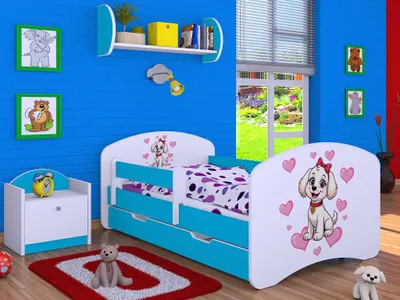 Produktbild von Happy Babies Kinderbett - mit Rausfallschutz Junge 140x70 Bett für Kinderzimmer mit Schublade & Matratze Einzelbett für Kinder Weiß/Blau, Der Hund und die Polizei | Hundethema (Nr 4)