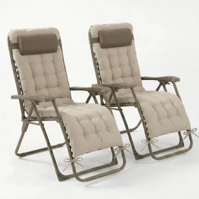 Image de CASABEL lot de 2 chaises pliantes Zéro Gravité taupe avec coussin, fauteuils extérieurs inclinables en Acier et toile Textilene
