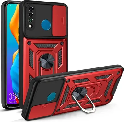 Produktbild von Huawei P30 Lite Hülle mit 360° Drehbarer Magnetische Ring Ständer Halter Dia Kameraschutz TPU Bumper Silikon Schutzhülle für Huawei P30 Lite Rot