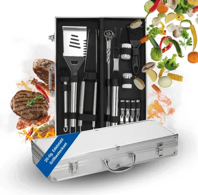 Immagine prodotto di Set di posate da barbecue "Deluxe" - 20 pezzi. Accessori da barbecue in acciaio inossidabile con valigetta inclusa - Accessori da barbecue per uomo - Argento