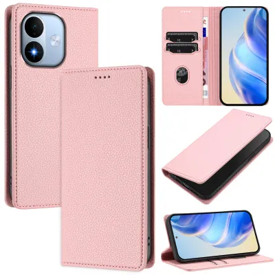 Image de Étui en cuir pour Xiaomi Redmi Note 17 4G, en cuir de type "litchi", type portefeuille avec compartiments pour cartes et support intégré, couleur rose