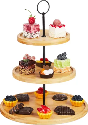 Produktbild von Relaxdays Etagere, 3 Etagen, Bambus, Kuchen, Snacks, Obst, Metallgriff, Servierständer, HxD: 36 x 28 cm, natur/schwarz