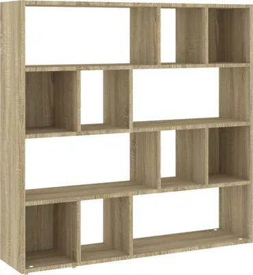 A wooden bookshelf with multiple compartments against a white background.