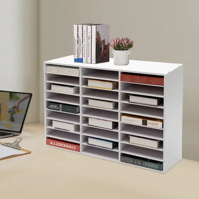 Obrázok produktu pre Stolový organizér na dokumenty – 9-poschodový regál na dokumenty – 27 priečinková triediaca stanica – PVC plast – pre kanceláriu, domáce pracovisko, školu – biela farba