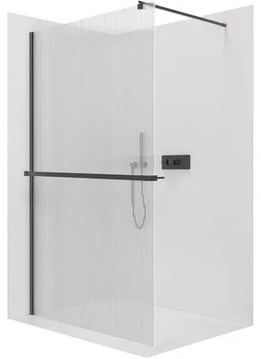 Immagine prodotto di CERANO - Box doccia Walk-in Onyx Round L/P - 8 mm + mensola/portasciugamani - montante rotondo - nero opaco, vetro rigato - 80x200 cm
