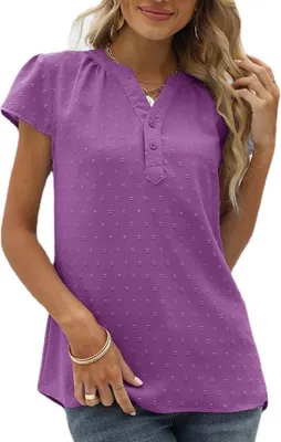 Produktbild von ASKSA Damen Swiss Dot Bluse Kurzarm Sommer Elegant T-Shirt V-Ausschnitt Tunika Einfarbig Chiffon Hemd, Dunkelviolett, XXL