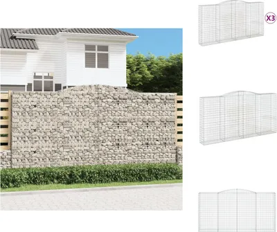 Productafbeelding van vidaXL Gabionen met boogvorm, 3 stuks, 400x50x200/220 cm, verzinkt staal - Bloempotten en plantbakken