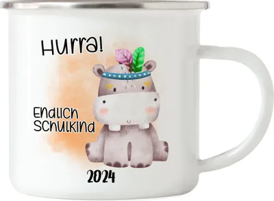 Produktbild von Endlich Schulkind 2024 Nilpferd Emaille Tasse Schuleinführung Sohn Tochter Geschenk Schulanfang Erstklässler