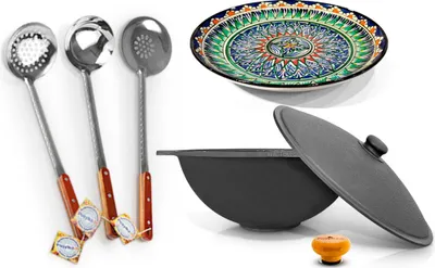 Produktbild von Kasan aus Gusseisen, Flacher Boden 10 L+ Platte Ø 32 cm, Schaumlöffel 48 cm, Schöpfkelle 48 cm, tiefer Schaumlöffel 48 cm, Griff für Kessel