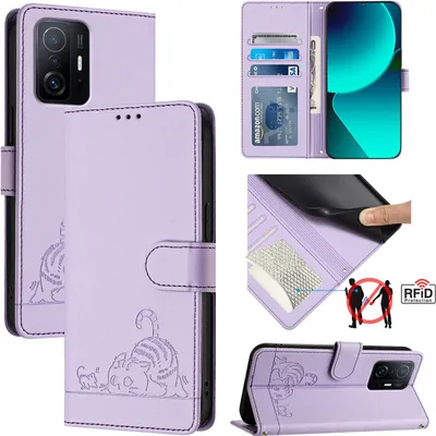 Produktbild von Leder Hülle für Xiaomi 11T/Xiaomi 11T Pro Süße Katze Flip Case Brieftasche Schutzhülle mit Standfunktion Lila