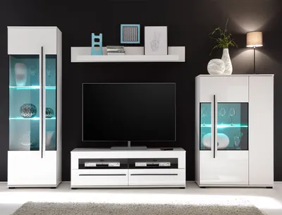 Produktbild von Wohnwand Cantara - Variante III - Weiß Hochglanz mit Glasbodenbeleuchtung